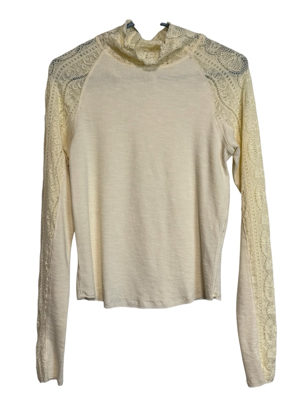 Free People Freddie Cream Lace Trim Long Sleeve Ribbed Top size L